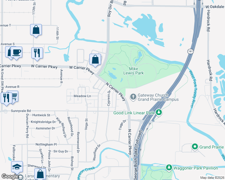 map of restaurants, bars, coffee shops, grocery stores, and more near 2438 Cypress Drive in Grand Prairie