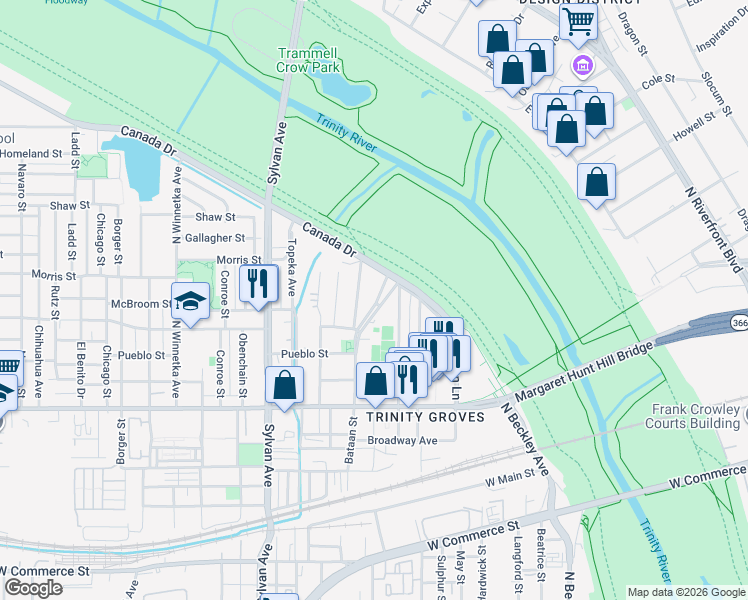 map of restaurants, bars, coffee shops, grocery stores, and more near 3337 Coronet Boulevard in Dallas