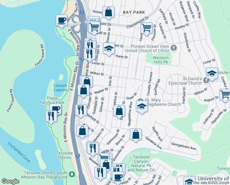 map of restaurants, bars, coffee shops, grocery stores, and more near 2024 Frankfort Street in San Diego