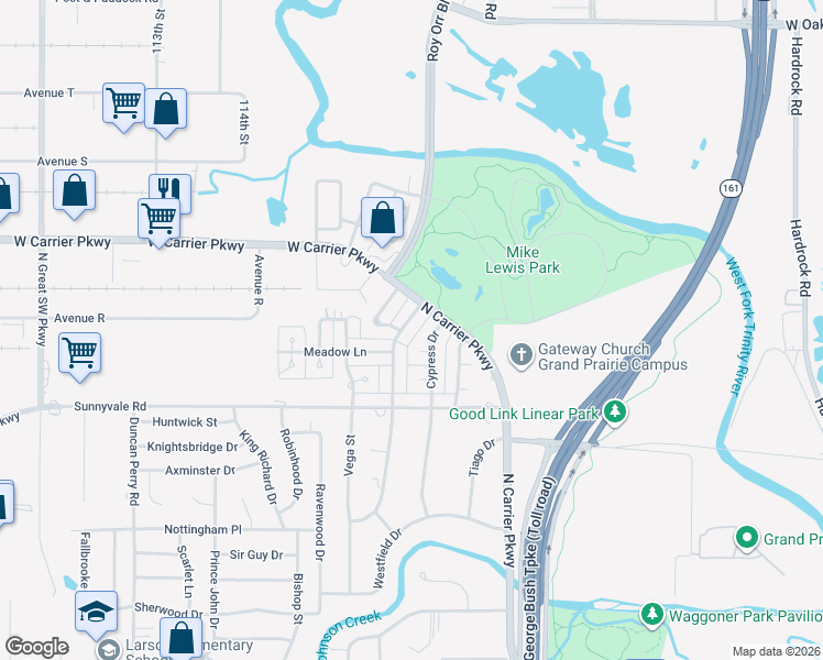 map of restaurants, bars, coffee shops, grocery stores, and more near 2518 Ingleside Drive in Grand Prairie