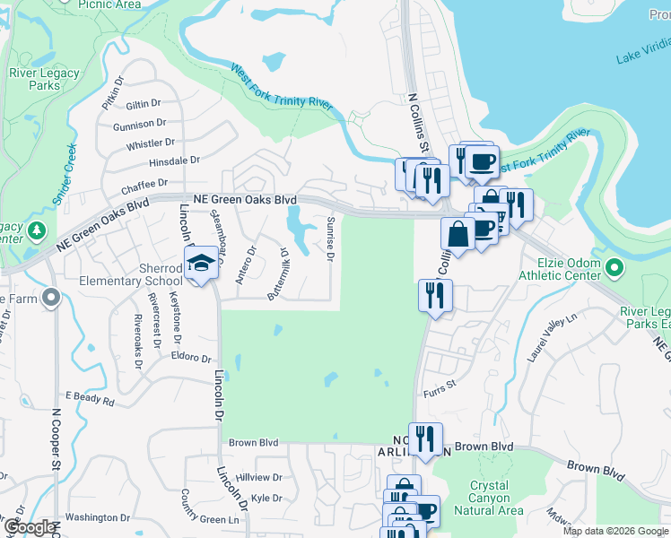 map of restaurants, bars, coffee shops, grocery stores, and more near 2711 Sunrise Dr in Arlington