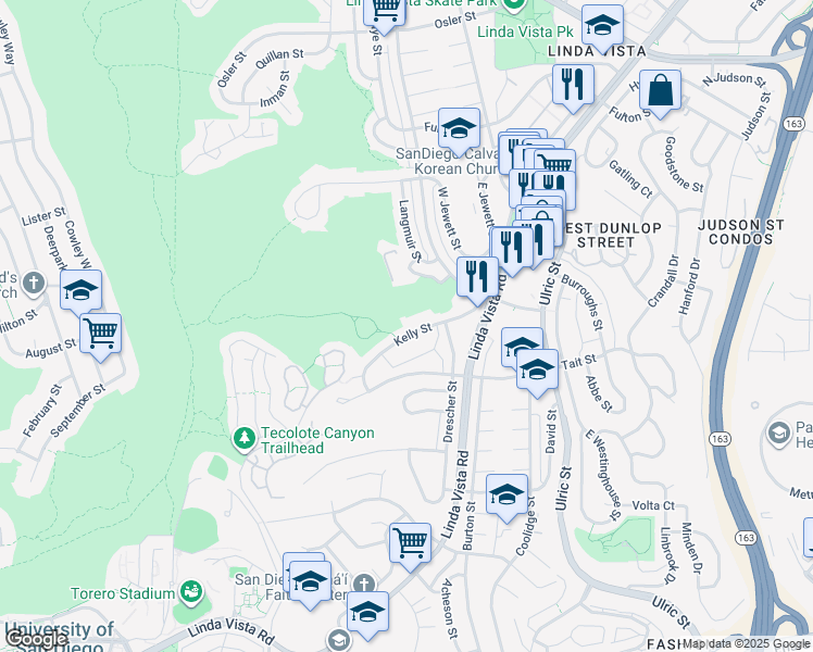 map of restaurants, bars, coffee shops, grocery stores, and more near 6658 Kelly Street in San Diego