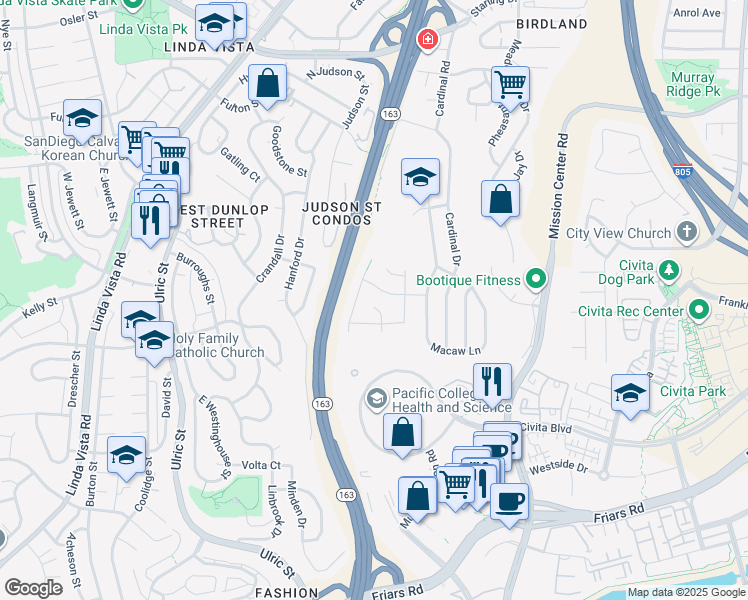 map of restaurants, bars, coffee shops, grocery stores, and more near 2045 Goshawk Street in San Diego