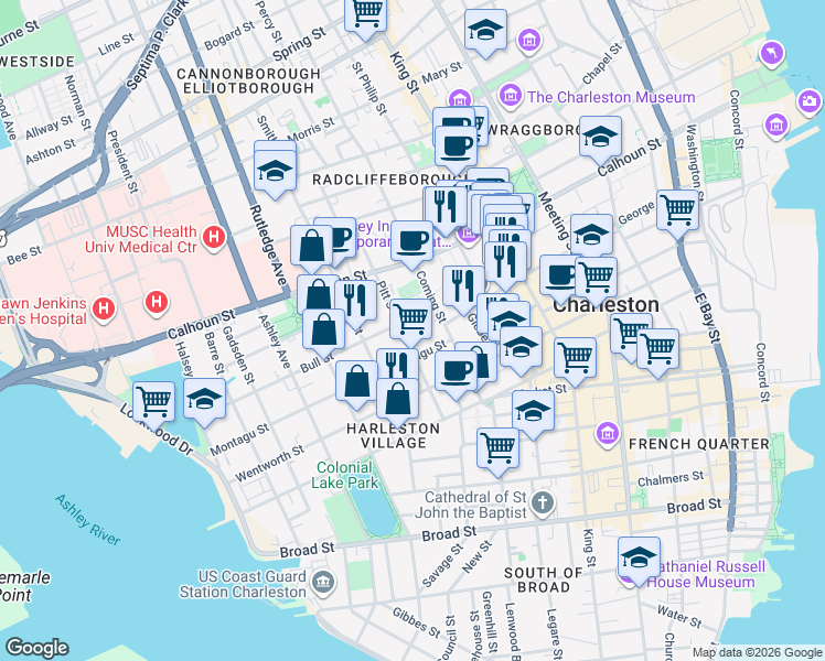 map of restaurants, bars, coffee shops, grocery stores, and more near 34 Pitt Street in Charleston