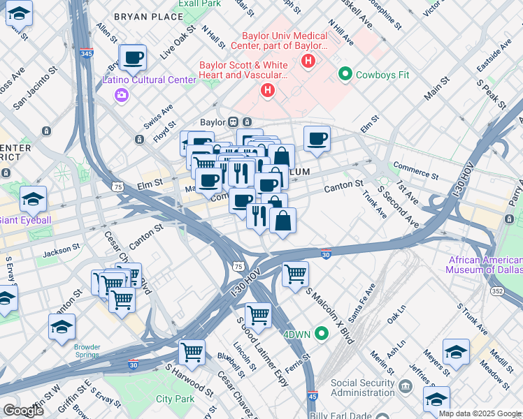 map of restaurants, bars, coffee shops, grocery stores, and more near 2908 Canton Street in Dallas