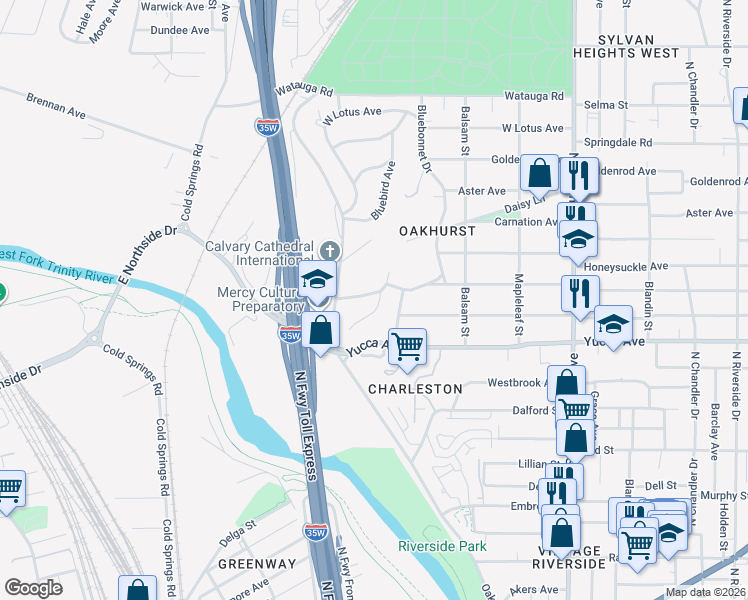 map of restaurants, bars, coffee shops, grocery stores, and more near 1942 Marigold Avenue in Fort Worth