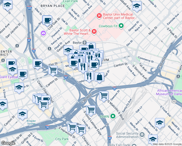 map of restaurants, bars, coffee shops, grocery stores, and more near 2900 Canton Street in Dallas