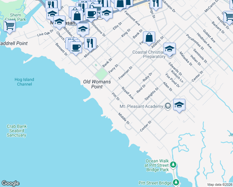 map of restaurants, bars, coffee shops, grocery stores, and more near 640 Pitt Street in Mount Pleasant