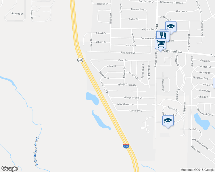map of restaurants, bars, coffee shops, grocery stores, and more near 2874 Village Green Drive in Macon