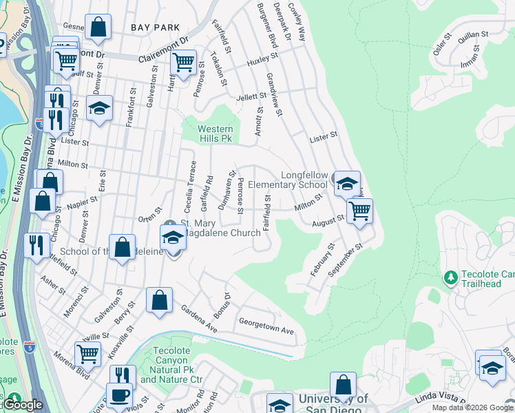 map of restaurants, bars, coffee shops, grocery stores, and more near 2201 Tokalon Street in San Diego