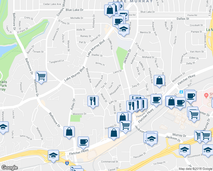 map of restaurants, bars, coffee shops, grocery stores, and more near 5759 Tex Street in La Mesa