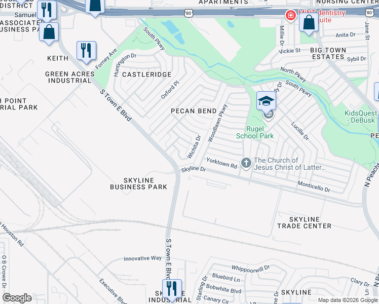 map of restaurants, bars, coffee shops, grocery stores, and more near 3151 Wichita Drive in Mesquite