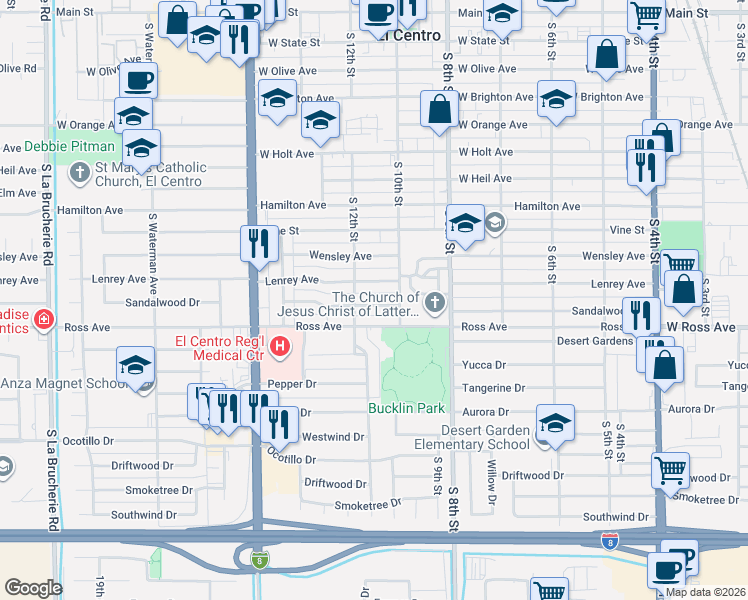 map of restaurants, bars, coffee shops, grocery stores, and more near 1048 Sandalwood Drive in El Centro