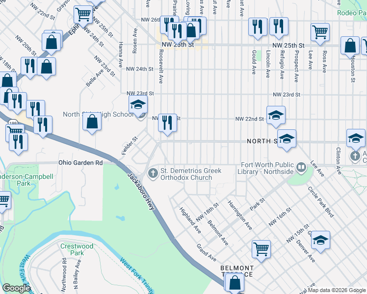 map of restaurants, bars, coffee shops, grocery stores, and more near 2017 Loving Avenue in Fort Worth