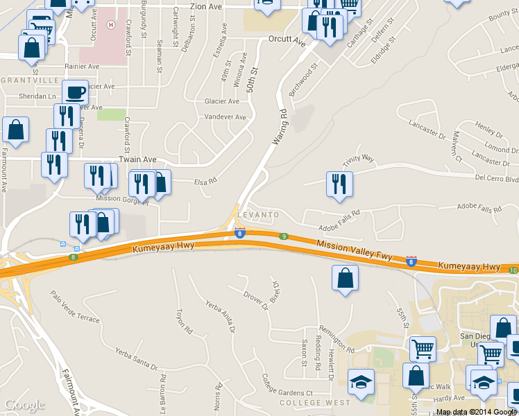 map of restaurants, bars, coffee shops, grocery stores, and more near 5374 Adobe Falls Road in San Diego