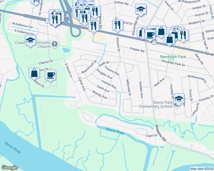 map of restaurants, bars, coffee shops, grocery stores, and more near 311 Stinson Drive in Charleston