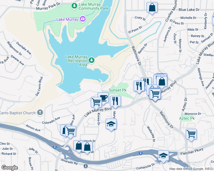 map of restaurants, bars, coffee shops, grocery stores, and more near 5540 Kiowa Drive in La Mesa