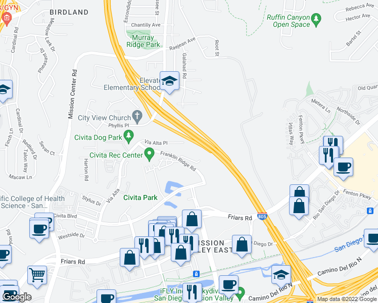 map of restaurants, bars, coffee shops, grocery stores, and more near 2686 Franklin Ridge Road in San Diego