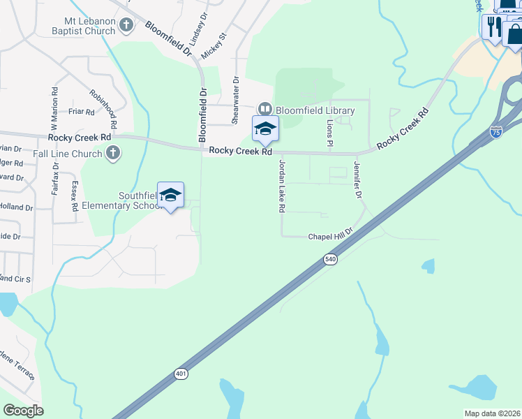 map of restaurants, bars, coffee shops, grocery stores, and more near 1934 Rocky Creek Road in Macon