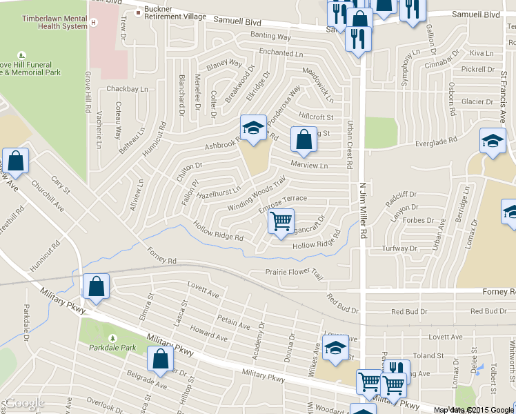 map of restaurants, bars, coffee shops, grocery stores, and more near 5645 Emrose Terrace in Dallas