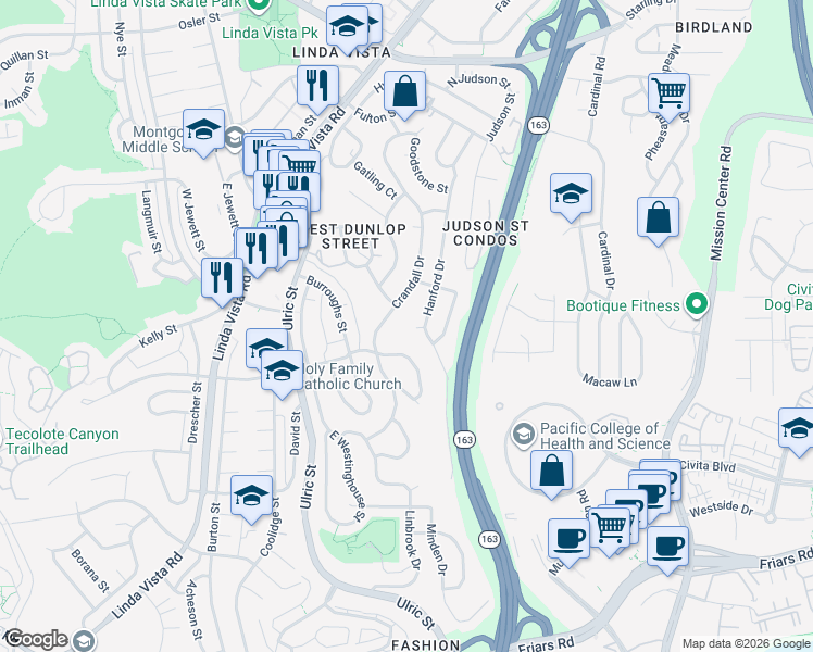 map of restaurants, bars, coffee shops, grocery stores, and more near 7459 Bookham Court in San Diego