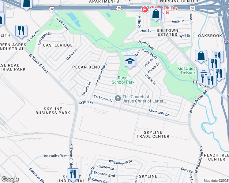 map of restaurants, bars, coffee shops, grocery stores, and more near 2903 Portsmouth Dr in Mesquite
