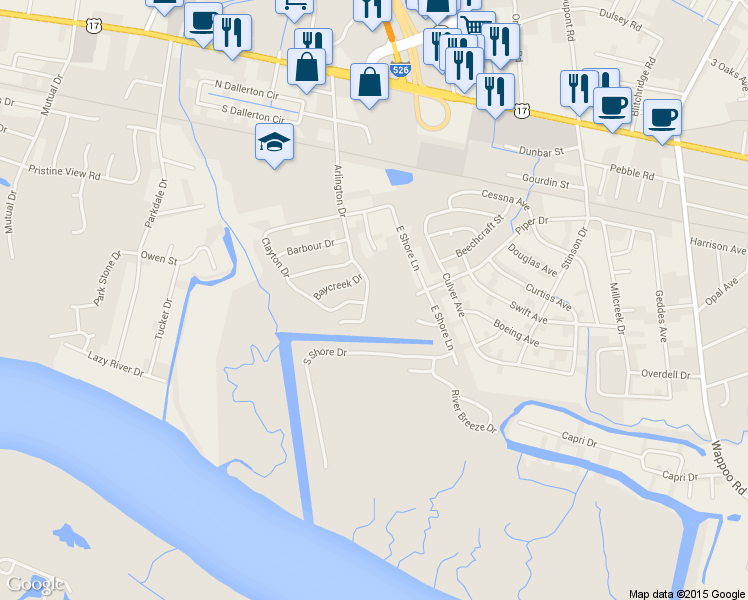 map of restaurants, bars, coffee shops, grocery stores, and more near 346 Arlington Dr in Charleston