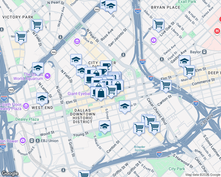 map of restaurants, bars, coffee shops, grocery stores, and more near 1700 Pacific Avenue in Dallas