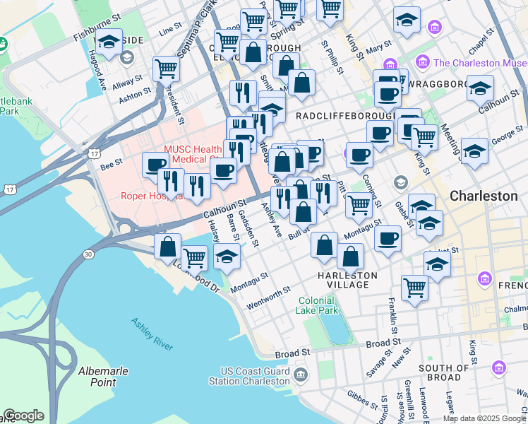 map of restaurants, bars, coffee shops, grocery stores, and more near 133 Ashley Avenue in Charleston
