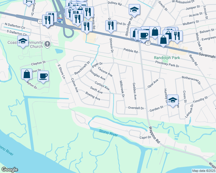 map of restaurants, bars, coffee shops, grocery stores, and more near 314 Curtiss Avenue in Charleston