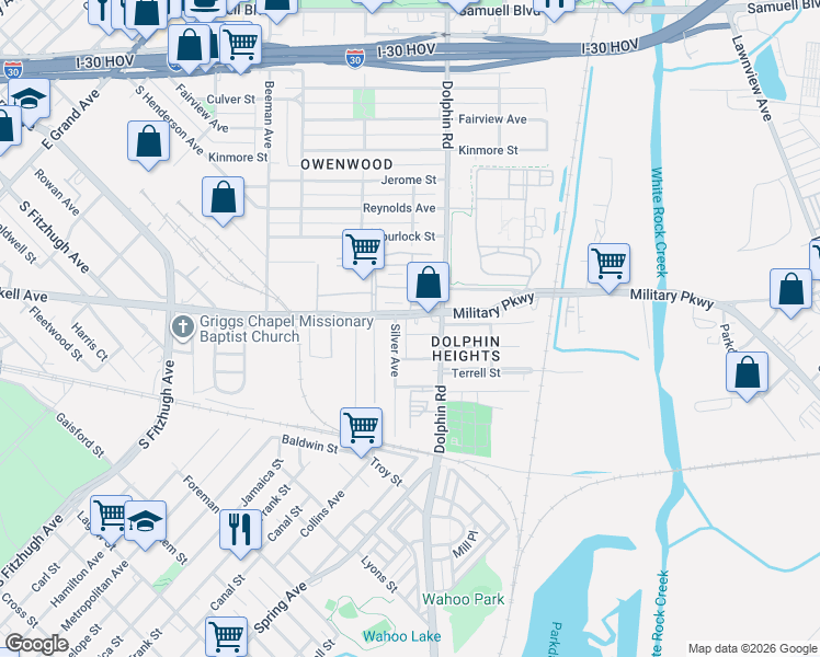 map of restaurants, bars, coffee shops, grocery stores, and more near 4843 Silver Avenue in Dallas