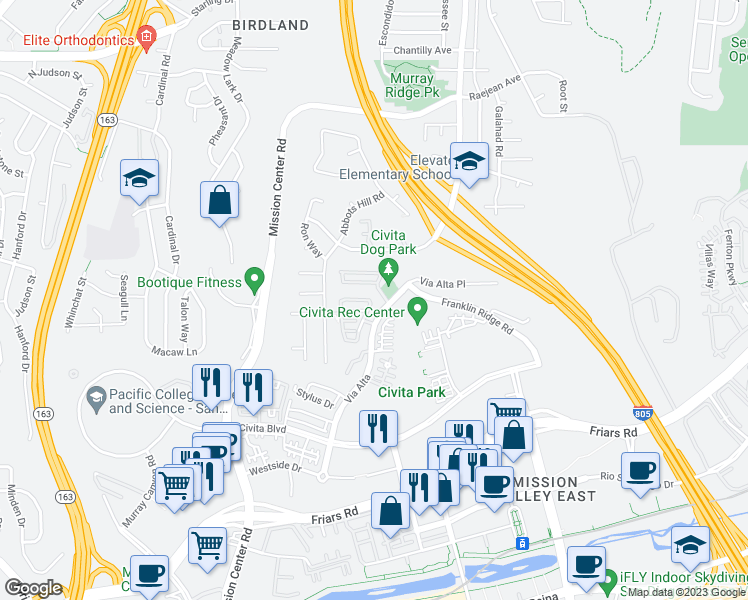 map of restaurants, bars, coffee shops, grocery stores, and more near 2617 Aperture Circle in San Diego