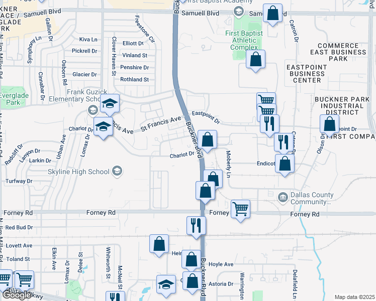 map of restaurants, bars, coffee shops, grocery stores, and more near 8043 Chariot Drive in Dallas