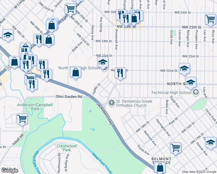 map of restaurants, bars, coffee shops, grocery stores, and more near 2056 Standifer Avenue in Fort Worth