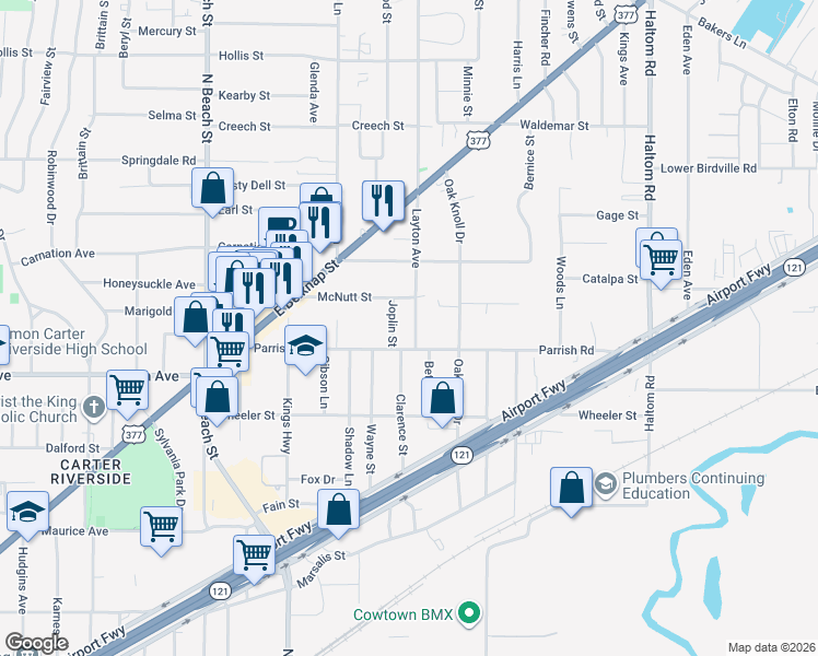 map of restaurants, bars, coffee shops, grocery stores, and more near 1403 Layton Avenue in Haltom City