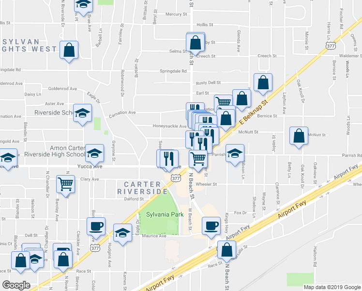 map of restaurants, bars, coffee shops, grocery stores, and more near 3813 Primrose Avenue in Fort Worth