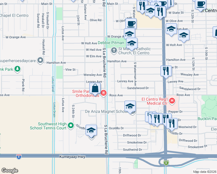 map of restaurants, bars, coffee shops, grocery stores, and more near 1946 Sandalwood Drive in El Centro