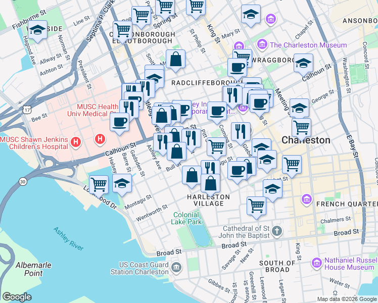 map of restaurants, bars, coffee shops, grocery stores, and more near 13 Smith Place in Charleston