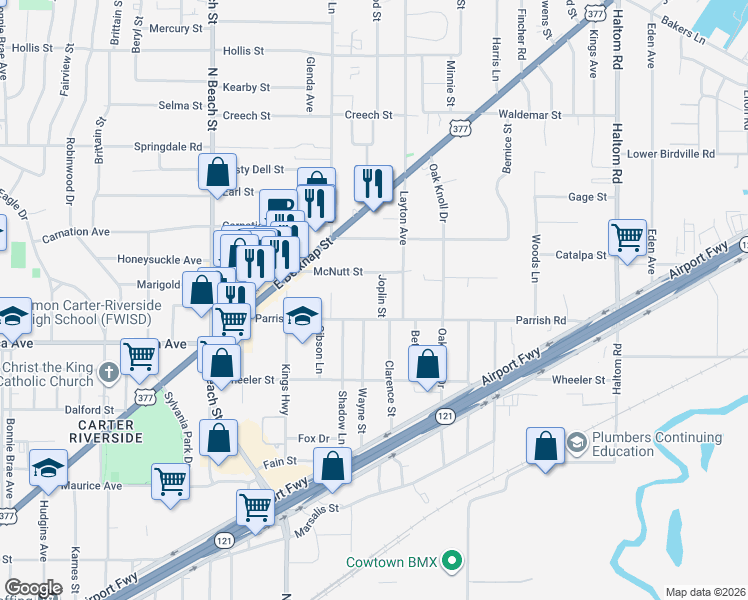 map of restaurants, bars, coffee shops, grocery stores, and more near 1403 Joplin Street in Fort Worth