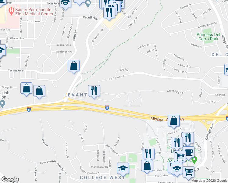 map of restaurants, bars, coffee shops, grocery stores, and more near 5472 Adobe Falls Road in San Diego