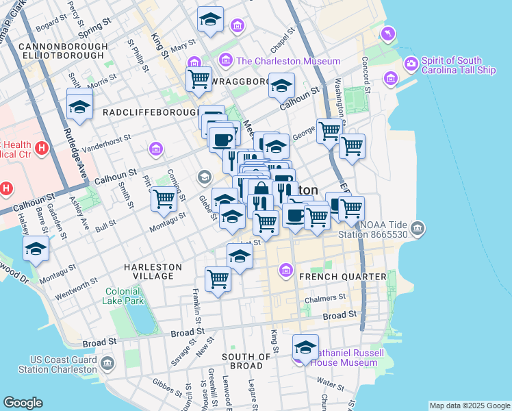 map of restaurants, bars, coffee shops, grocery stores, and more near 71 Wentworth Street in Charleston