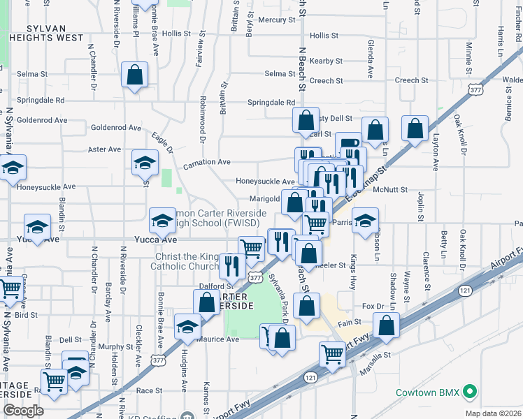 map of restaurants, bars, coffee shops, grocery stores, and more near 1420 Seaman Street in Fort Worth