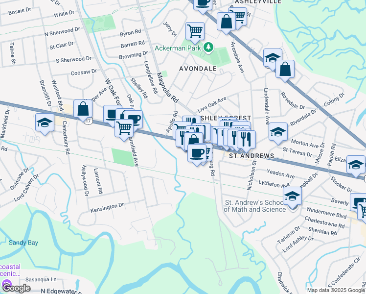map of restaurants, bars, coffee shops, grocery stores, and more near 975 Savannah Highway in Charleston