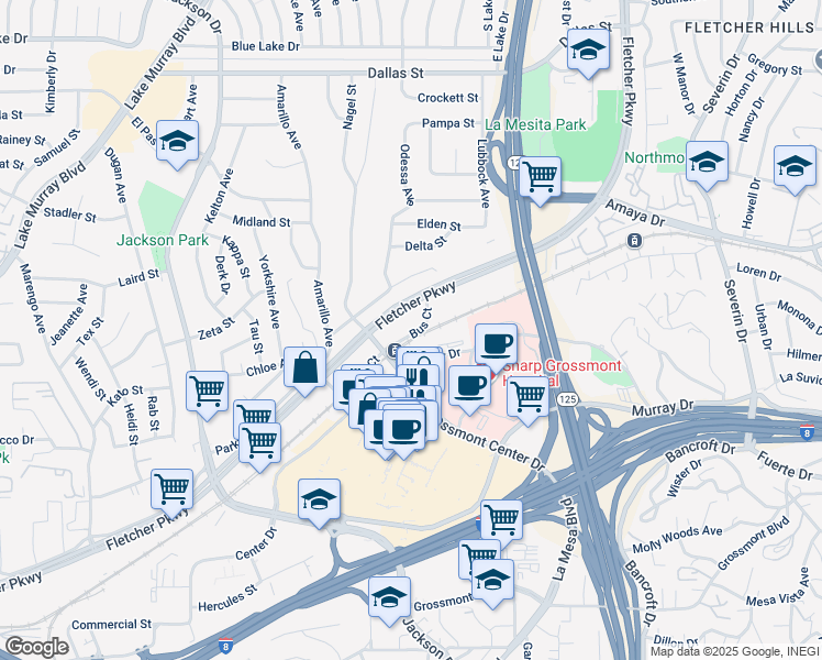 map of restaurants, bars, coffee shops, grocery stores, and more near 8727 Fletcher Parkway in La Mesa