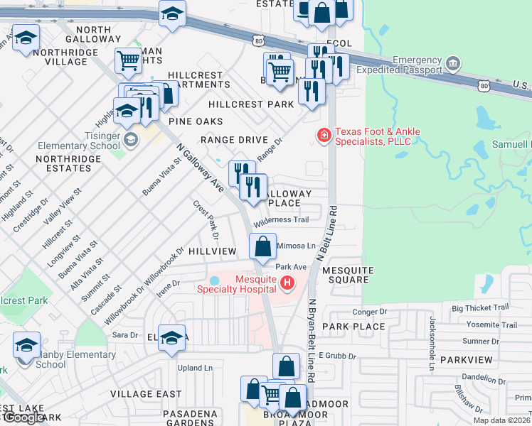 map of restaurants, bars, coffee shops, grocery stores, and more near 1321 Natchez Trce in Mesquite