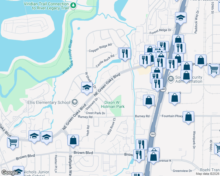 map of restaurants, bars, coffee shops, grocery stores, and more near 2630 Cedar View Drive in Arlington