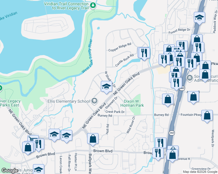map of restaurants, bars, coffee shops, grocery stores, and more near 2707 Shadow Wood Court in Arlington