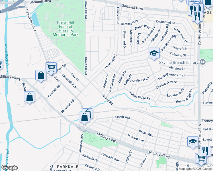 map of restaurants, bars, coffee shops, grocery stores, and more near 6926 Allview Lane in Dallas