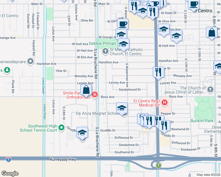 map of restaurants, bars, coffee shops, grocery stores, and more near 1178 South 18th Street in El Centro