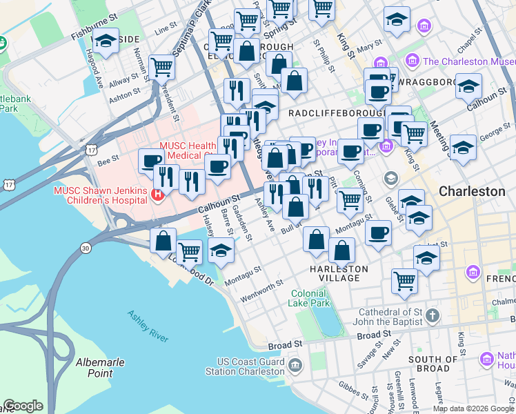map of restaurants, bars, coffee shops, grocery stores, and more near 133 Ashley Avenue in Charleston